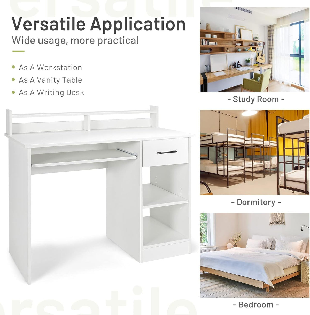 Computer Desk with Hutch & Keyboard Tray, Home Office Workstation with Drawer, Adjustable Shelves, Modern Vanity Table for Bedroom, Wooden Writing Study Laptop PC Desk (White)