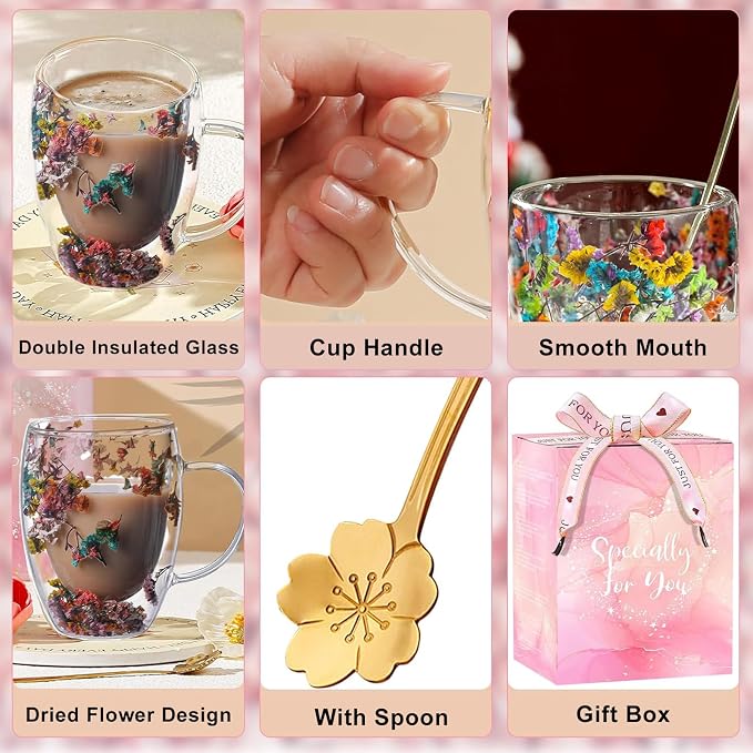 Gifts for Women Dried Flowers Double Wall Glass Coffee Mugs Cute Glass Tea Cups