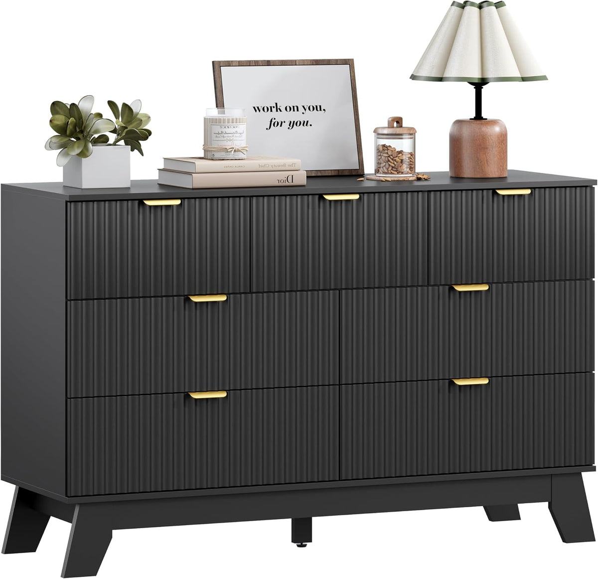 Wodeer 7 Drawer Fluted Dresser for Bedroom, Mid Century Modern Dresser with 7 Drawers, Dressers & Chests of Drawers with Metal Handle, TV Stand & Storage Organizer for Entryway, Hallway, Black