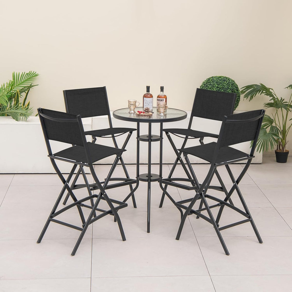 Tangkula Outdoor Barstools Set of 4, Counter Height Folding Bar Chairs with Back and Footrest, Versatile Patio Dining Chairs with Breathable Fabric & Heavy-Duty Metal Frame