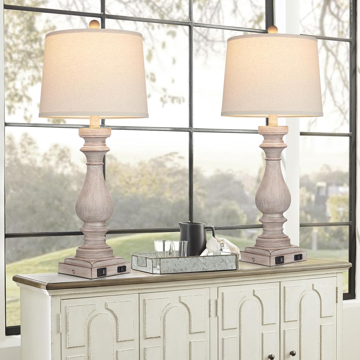 Cinkeda 29" Tall Table Lamp for Living Room Set of 2,Vintage Bedside Nightstand Lamps with USB C+A Ports & AC Outlet,3-Way Dimmable Touch Control Desk Lamp for Bedroom,Color 2
