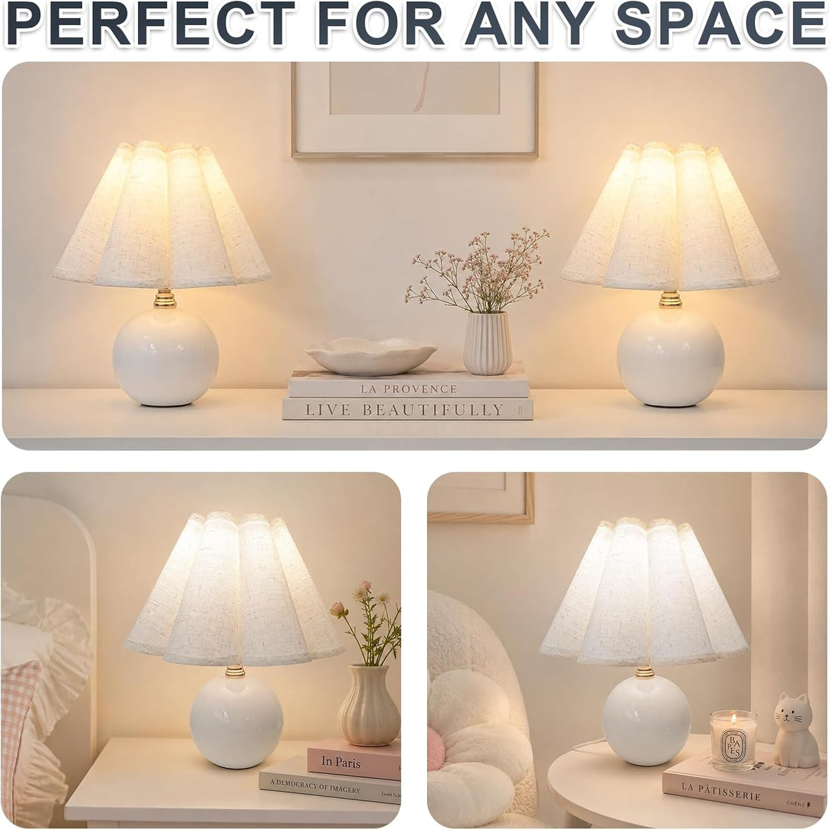 Small Ceramic Table Lamp, 11.5'' Cute Scalloped Lamp (White)