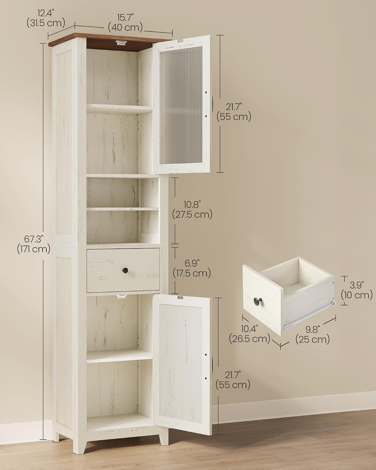 VASAGLE Tall Bathroom Cabinet, Narrow Space Saver, 15.7 x 12.4 x 67.3 inch