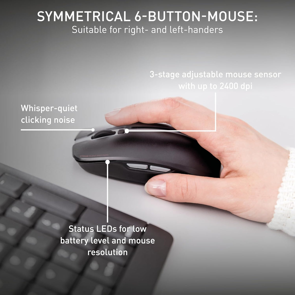 CHERRY Stream Desktop, Wireless Keyboard & Mouse Combo, 2.4 GHz Connection, Quiet Keys, Slim Design, Comfortable Writing, Battery-Powered, QWERTY, White-Gray