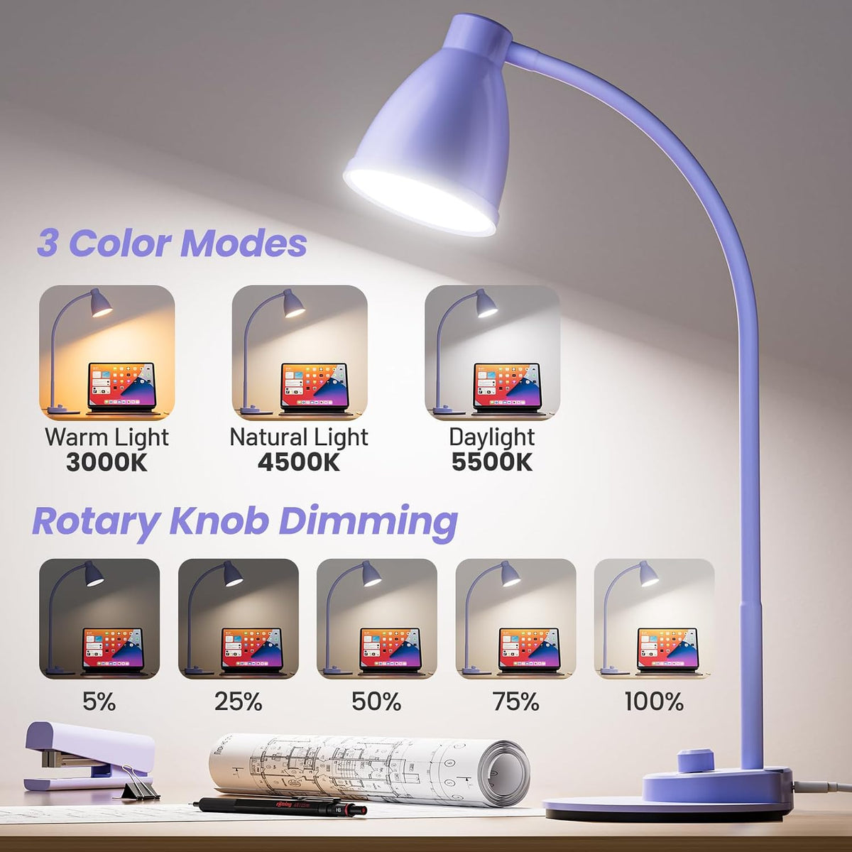 BOHON LED Desk Lamp with USB Charging Port, 3 Color Modes Dim, Lilac Purple