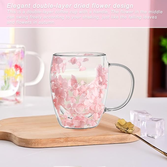 Gifts for Women Dried Flowers Double Wall Glass Coffee Mugs Cute Glass Tea Cups