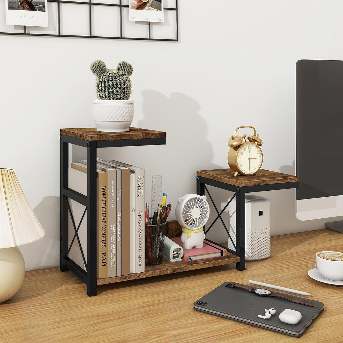 ELITEROO Desktop Shelf Organizer, 3 Tier Office Shelves, Wood Desk Organizers Storage Rack and Freestanding Display Shelf for Office, Dormitory, Home, Rustic Brown