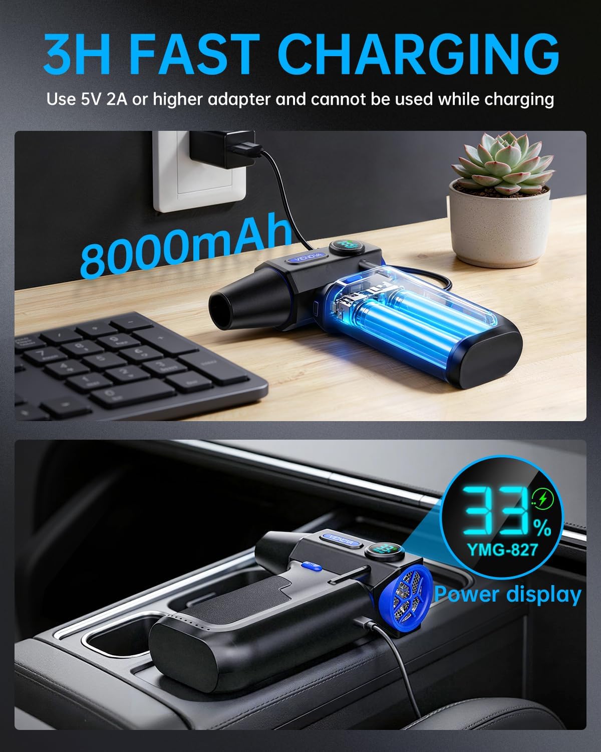 VICNOVA Compressed Air Duster, 150000RPM 3-Gear Brushless Motor Cordless Electric Air Blower, Rechargeable Air Blower with LED Light for PC, Computer, Laptop, Keyboard, Car Cleaning, Gifts for Men