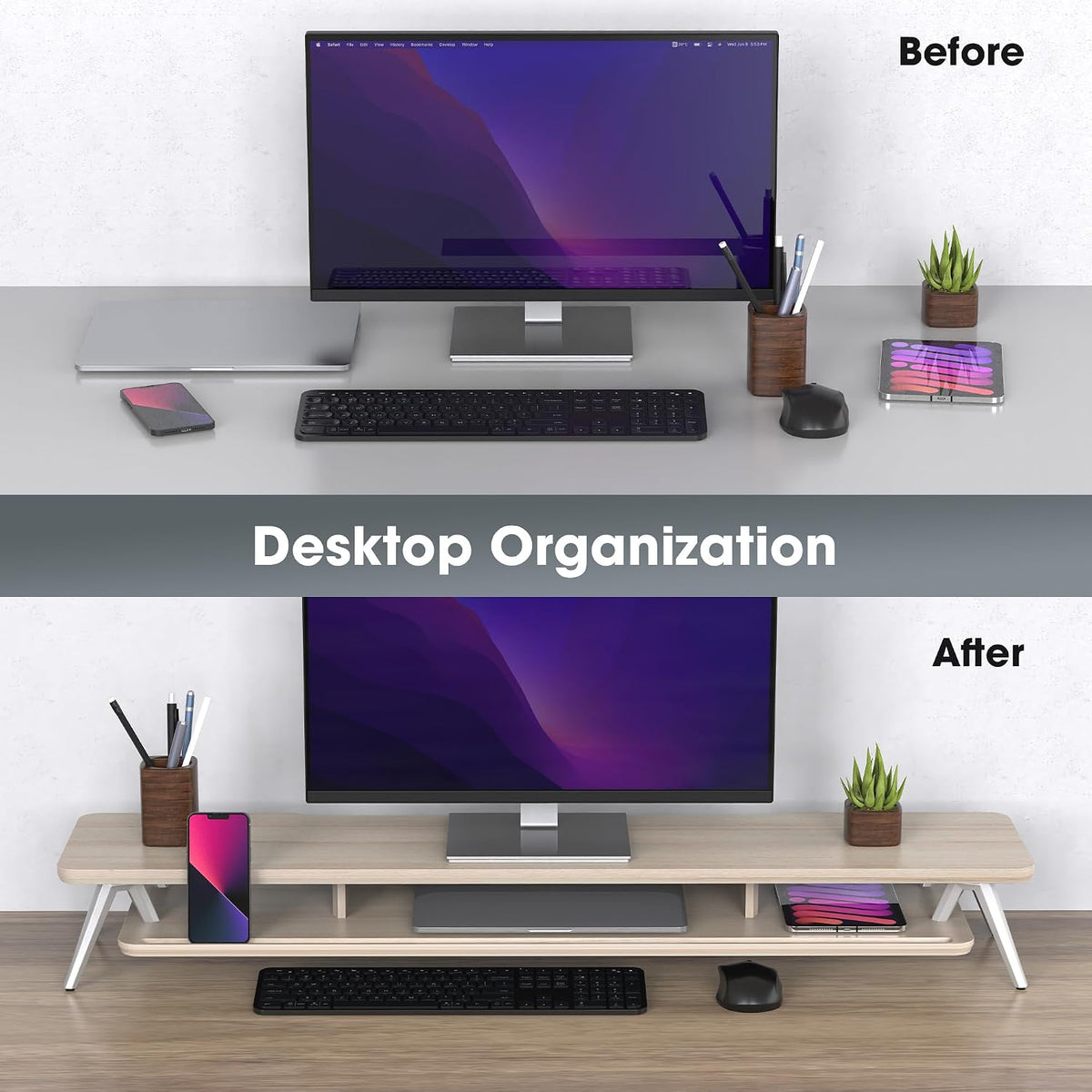 Fenge Dual Monitor Stand Riser, Wooden Desk Shelf with 2-Tier Storage
