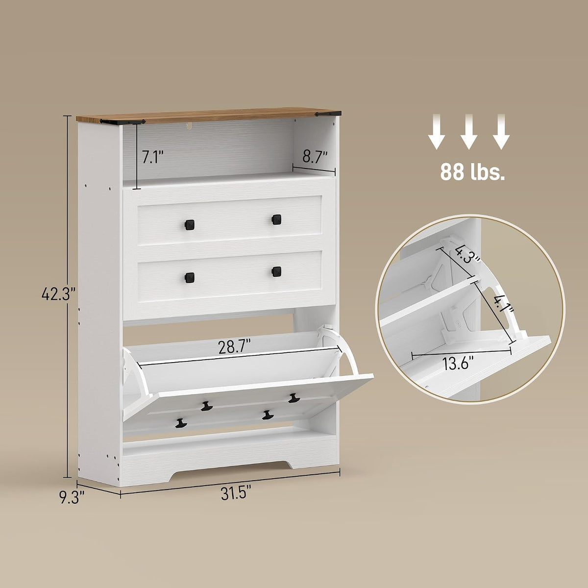 HOMCOM Shoe Cabinet with 2 Flip Drawers, Narrow, Adjustable Shelves, White