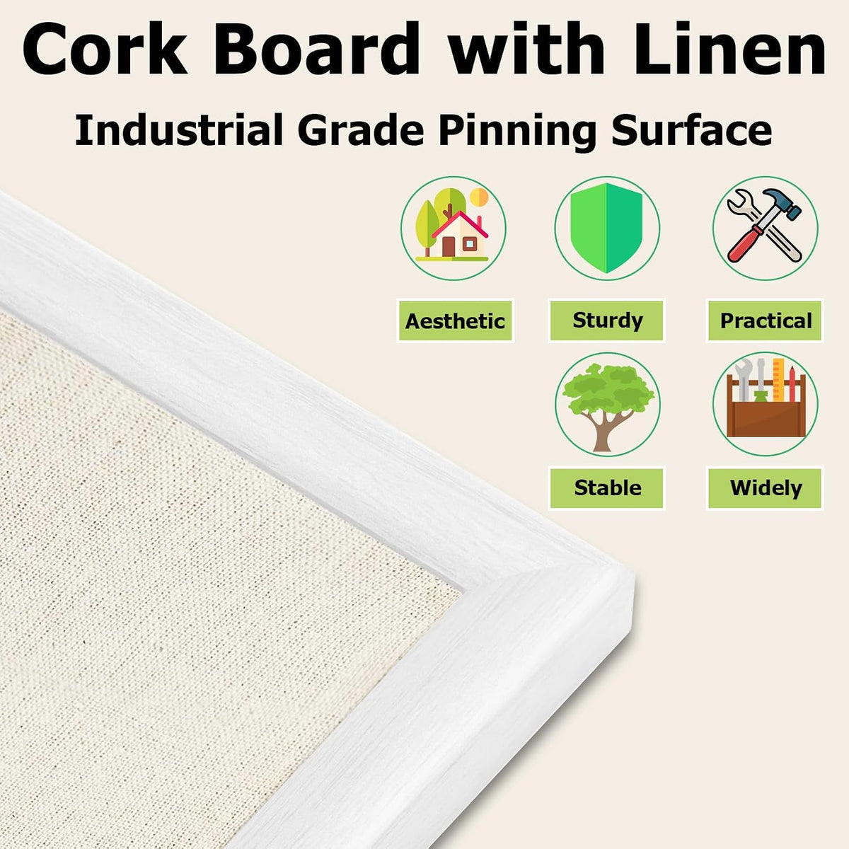 24'' x 36'' Large Linen Bulletin Board, Cork Board for Walls, White European Frame Style, Vision Board, Pin Wood, Ideal for Shool, Home and Office