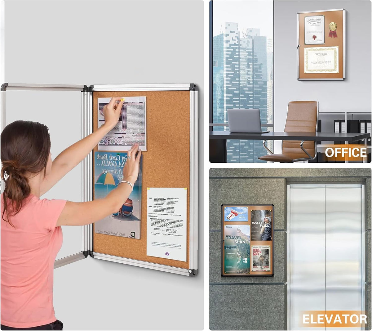 SWANCROWN 20x14 in Enclosed Bulletin Board, Lockable Cork Noticeboard 2xA4