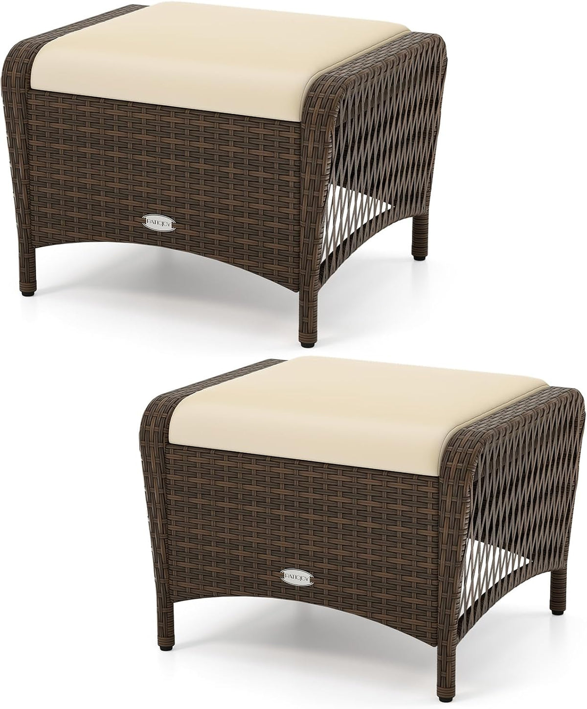 RELAX4LIFE 2-Piece Wicker Outdoor Ottoman - Rattan Footstools w/Removable Cushions, Multipurpose Foot Rest, Additional Seating & Side Table for Garden Porch Balcony, Set of 2 Patio Ottoman (Beige)