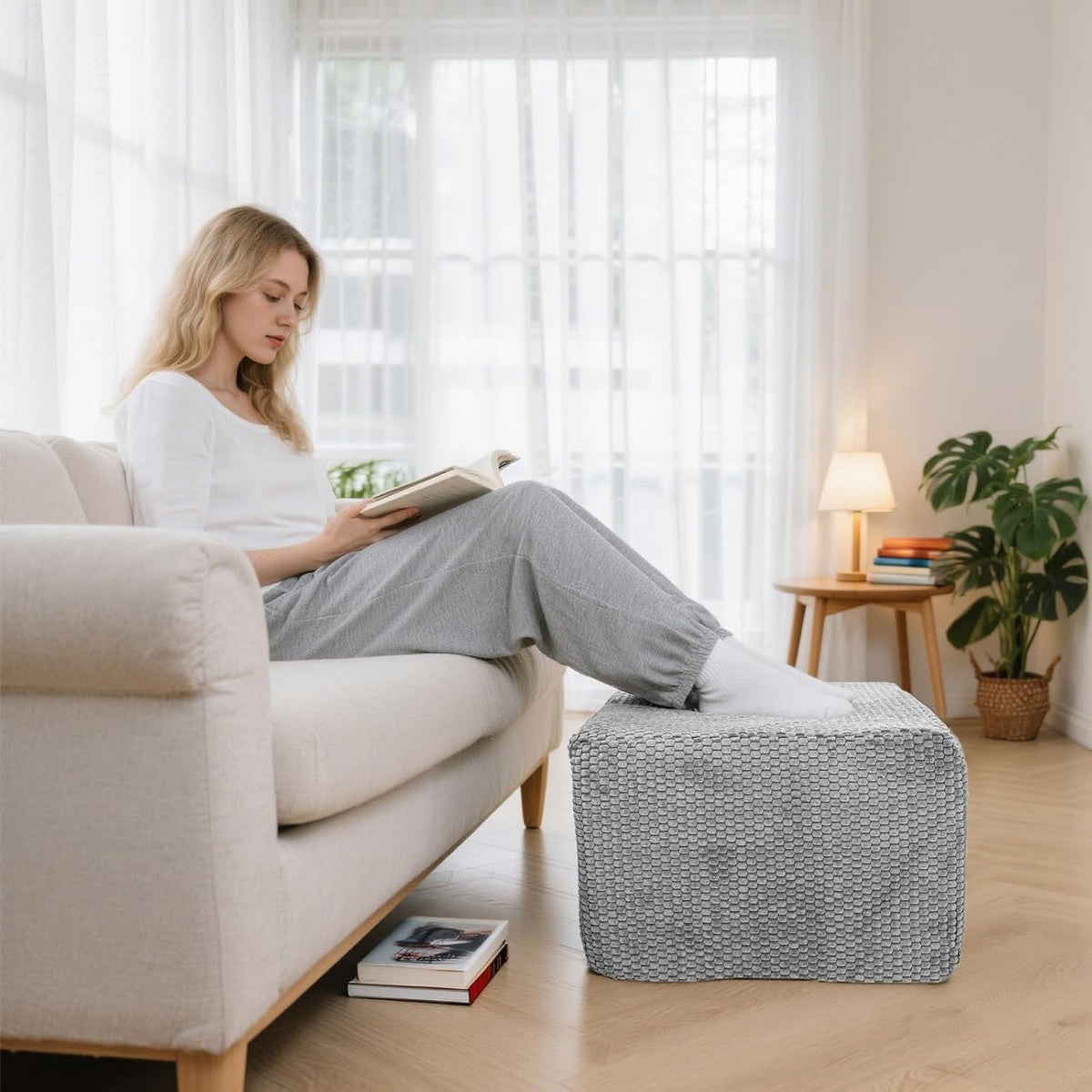 Functional Ottoman Pouf – Ergonomic Ottoman Foot Rest for Couch (Gray, 20x20x14 Inches, Square)