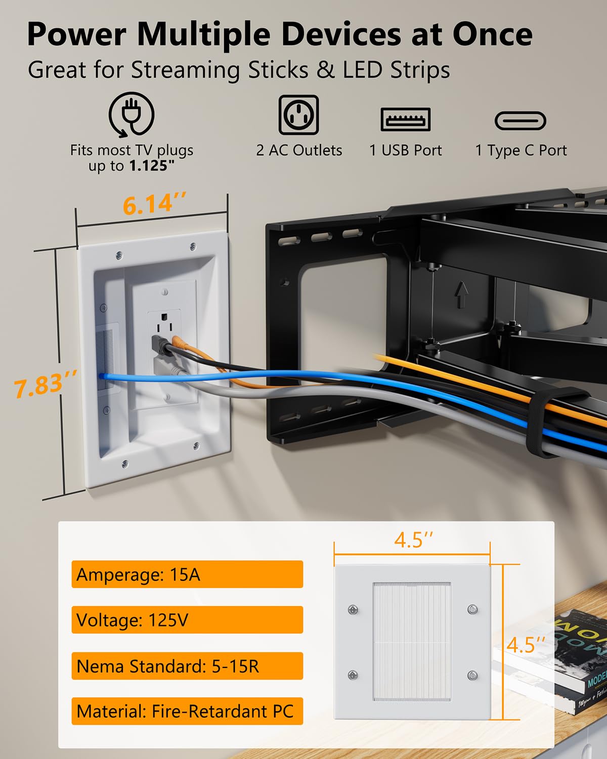 Forging Mount TV Cord Hider for Wall Mounted TV with 2 AC Outlets, USB-A Ports & Type C Ports, in-Wall TV Cable Concealer Kit with Recessed Power, Easy, Safe Cable Management with 9.6” Extension Cord