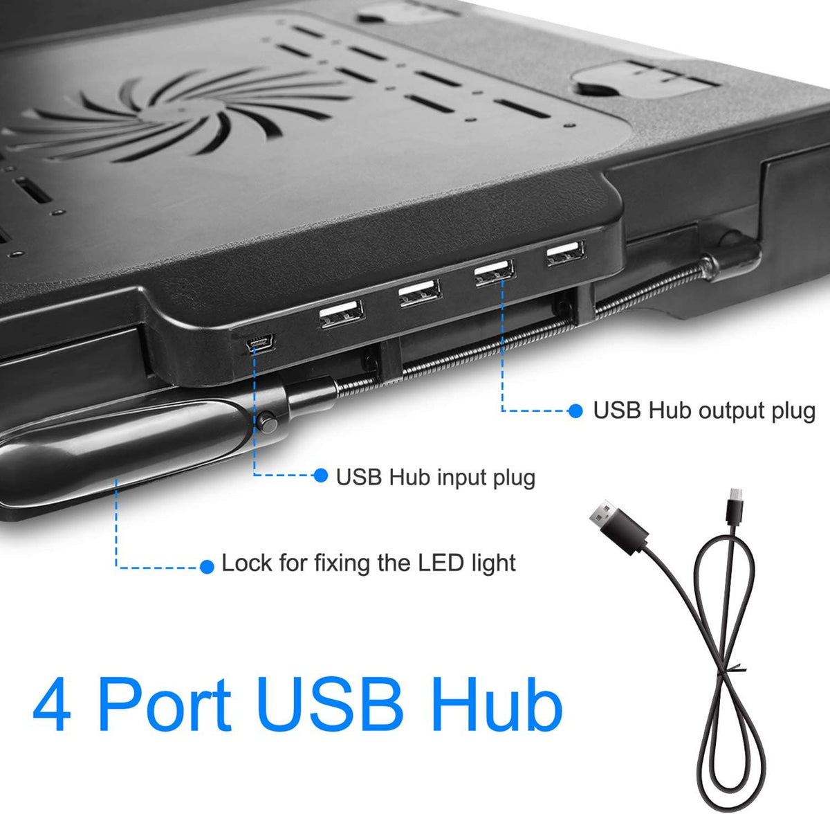 TeqHome Laptop Desk for Bed, Adjustable Table with Fan, Portable Lap Desk, Foldable Legs, Stand for Couch Sofa, Tray with LED Light, 4 USB Ports, Storage, Mouse Pad