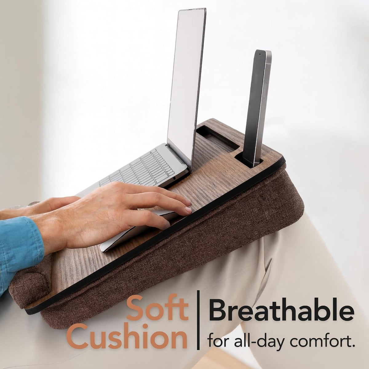 Vigo Wood Laptop Lap Desk with Cushion for Bed, Portable Home Office Tray Fits up to 17.3 Inch, Built-in Phone and Tablet Holder (Walnut & Brown)