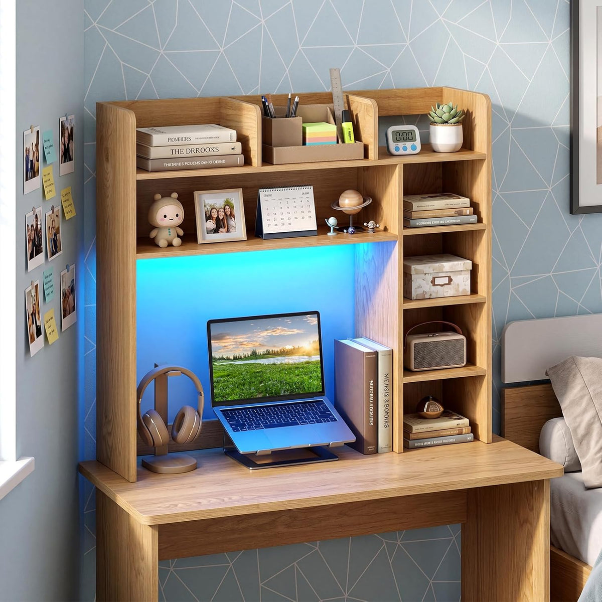Desktop Bookshelf, Wood Countertop Bookcase with Shelves, Desk Hutch for College Dorm, Multipurpose Desk Organizer Shelf Display Rack for Home Office, Hutch Top Only (Natural, 8 Shelf)