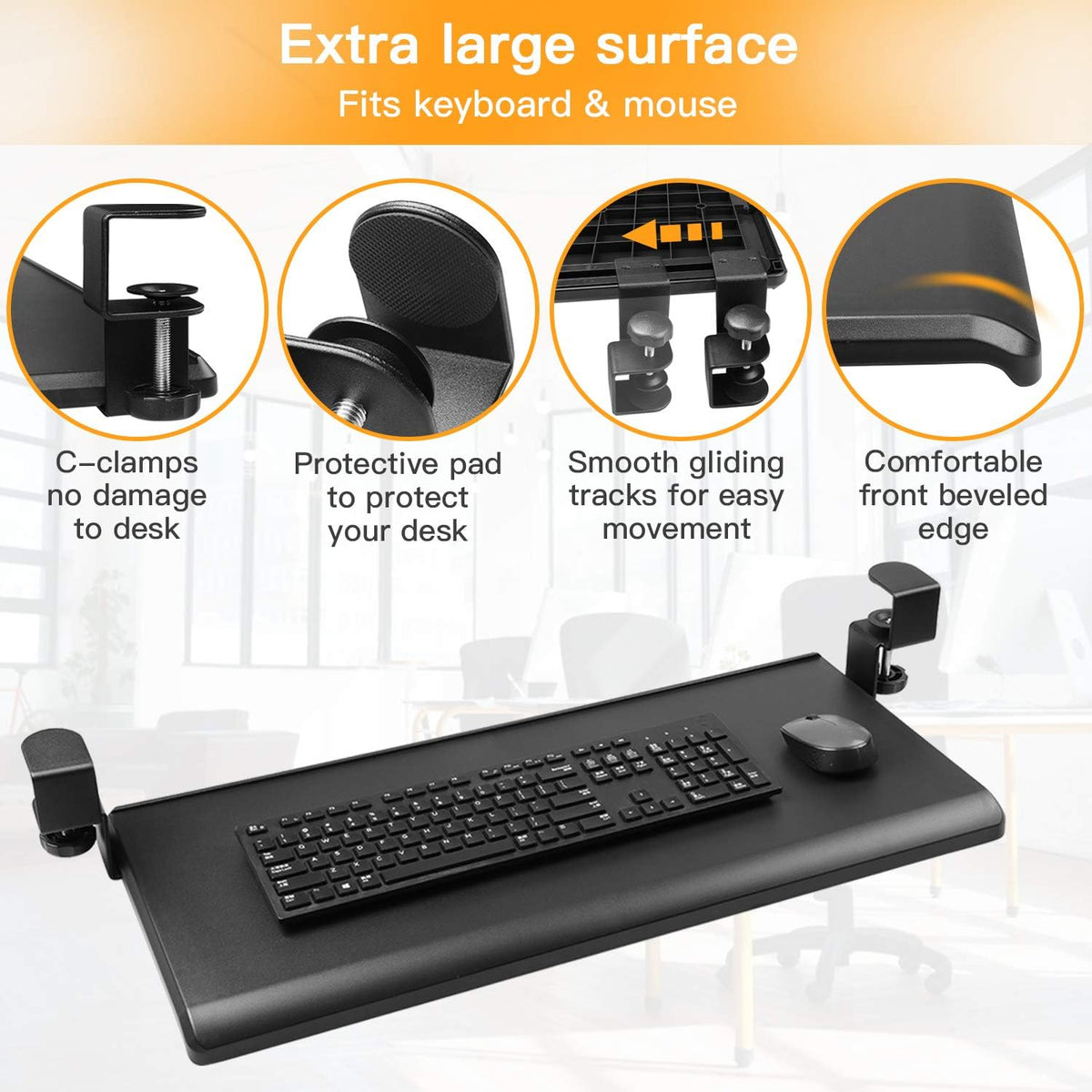 HUANUO Keyboard Tray Under Desk with C Clamp-Large Size, Steady Slide Keyboard Stand, No Screw into Desk, Perfect for Home or Office