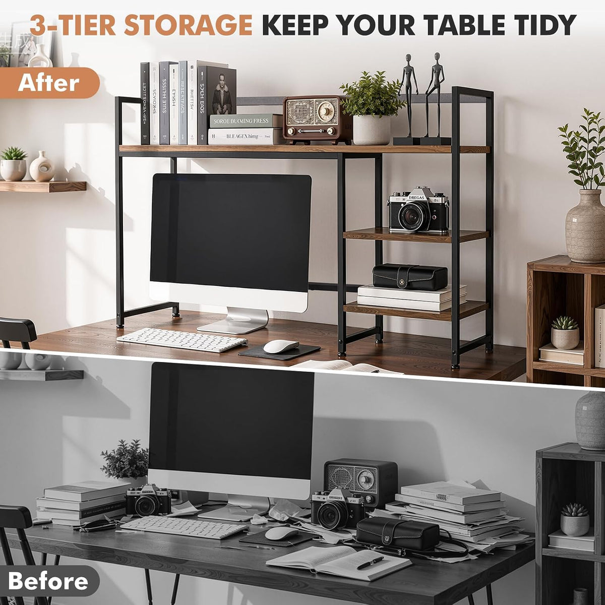 38.6" Desk Shelf, 3-Tier Desk Hutch for Computer Monitor, Rustic Brown