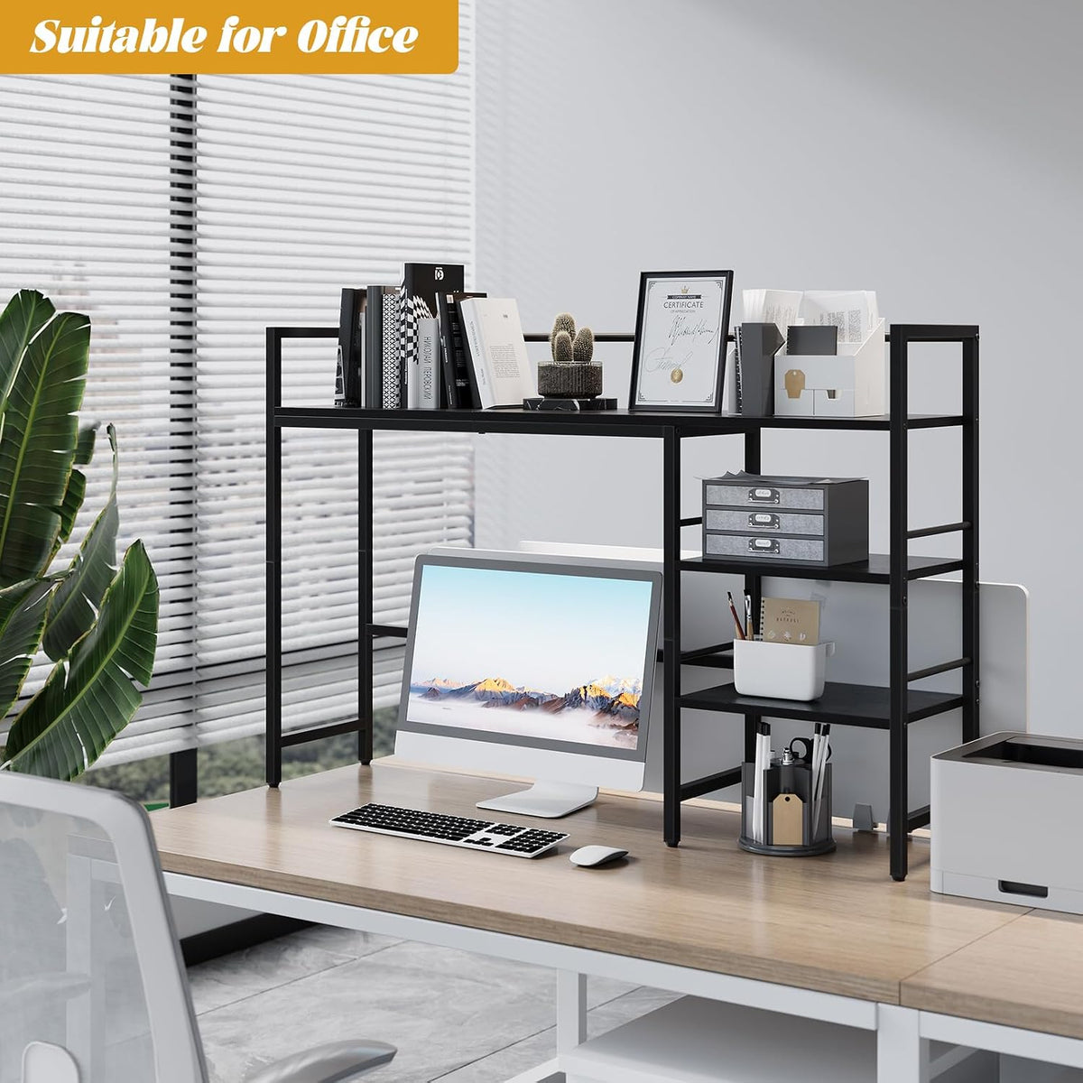 HavenlyYouth Desk Shelf, 45.4 Inch Wood Desk Organizer Shelf for Computer Monitor, Desk Hutch Storage, Desktop Shelf for Top of Desk, 3 Tier Desktop Bookshelf for Home Office Dorm, Black