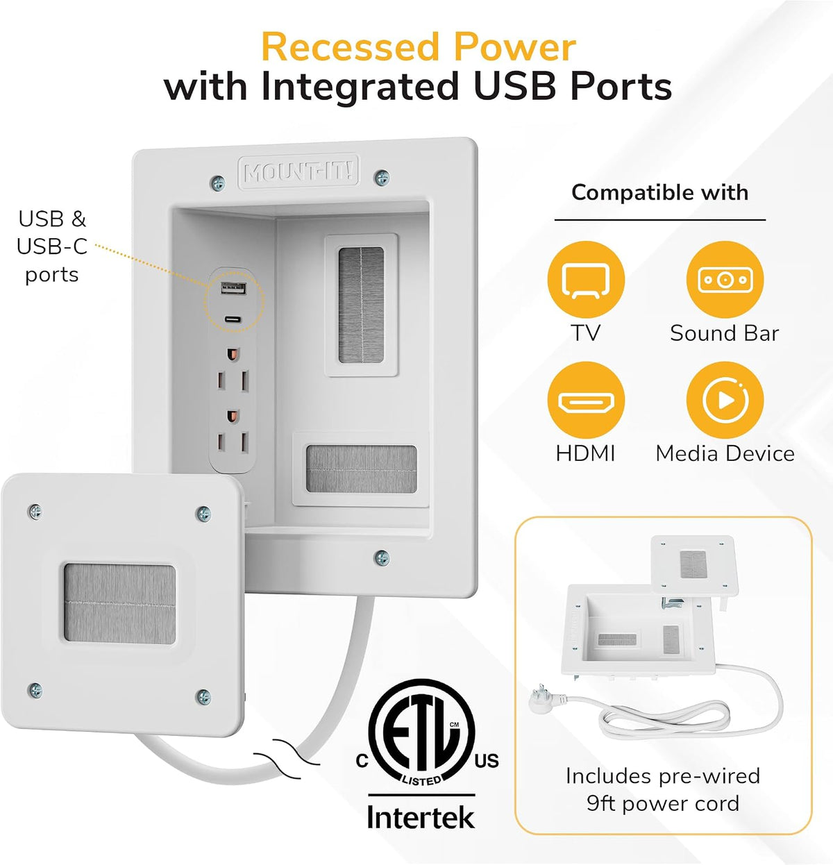 Mount-It! in-Wall TV Cable Management Kit with Recessed Power – Dual Outlet, USB-A and USB-C Ports, 9ft Cord, and Hand Saw – Easy, Safe Cable Management for Organized TV and Home Theater Setups