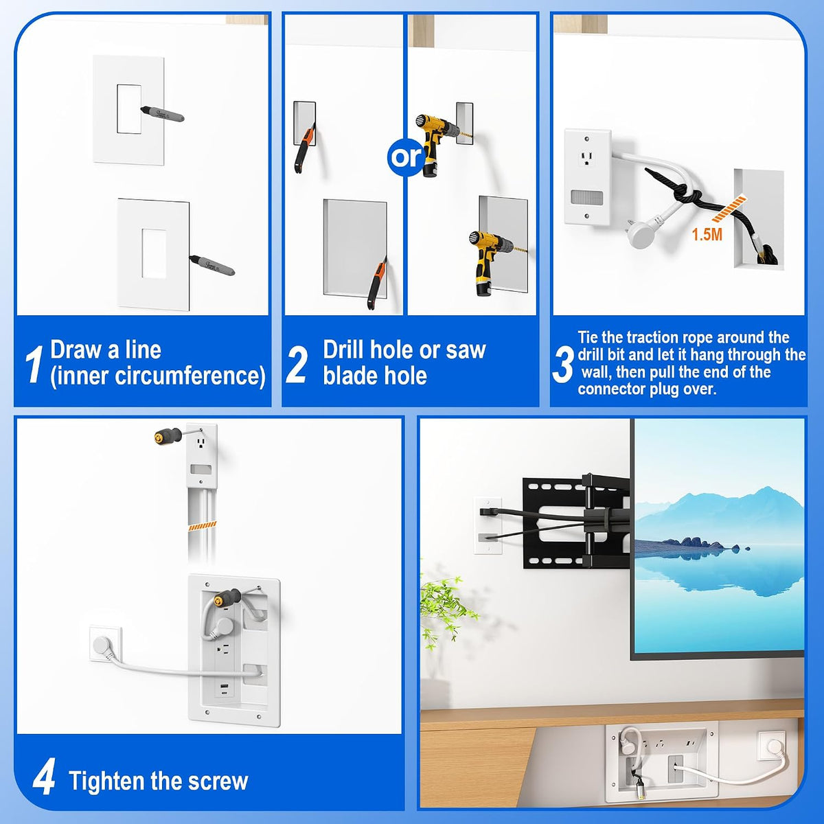 in Wall TV Cable Management Kit with Recessed Outlet – Triple Outlet and USB Ports, 7ft Cord(4ft+3ft), Drywall Cutting Drill Bit and Hand Saw – Easy, Safe TV Wire Hider for Wall