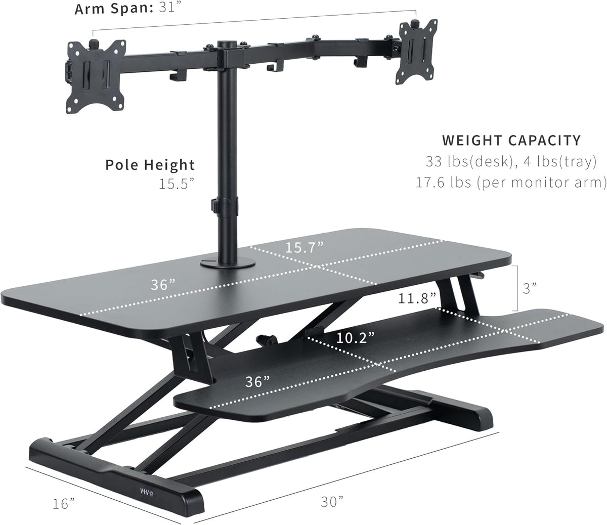 VIVO Black 36 in Standing Desk Converter with Monitor Stand, DESK-V036K-M2