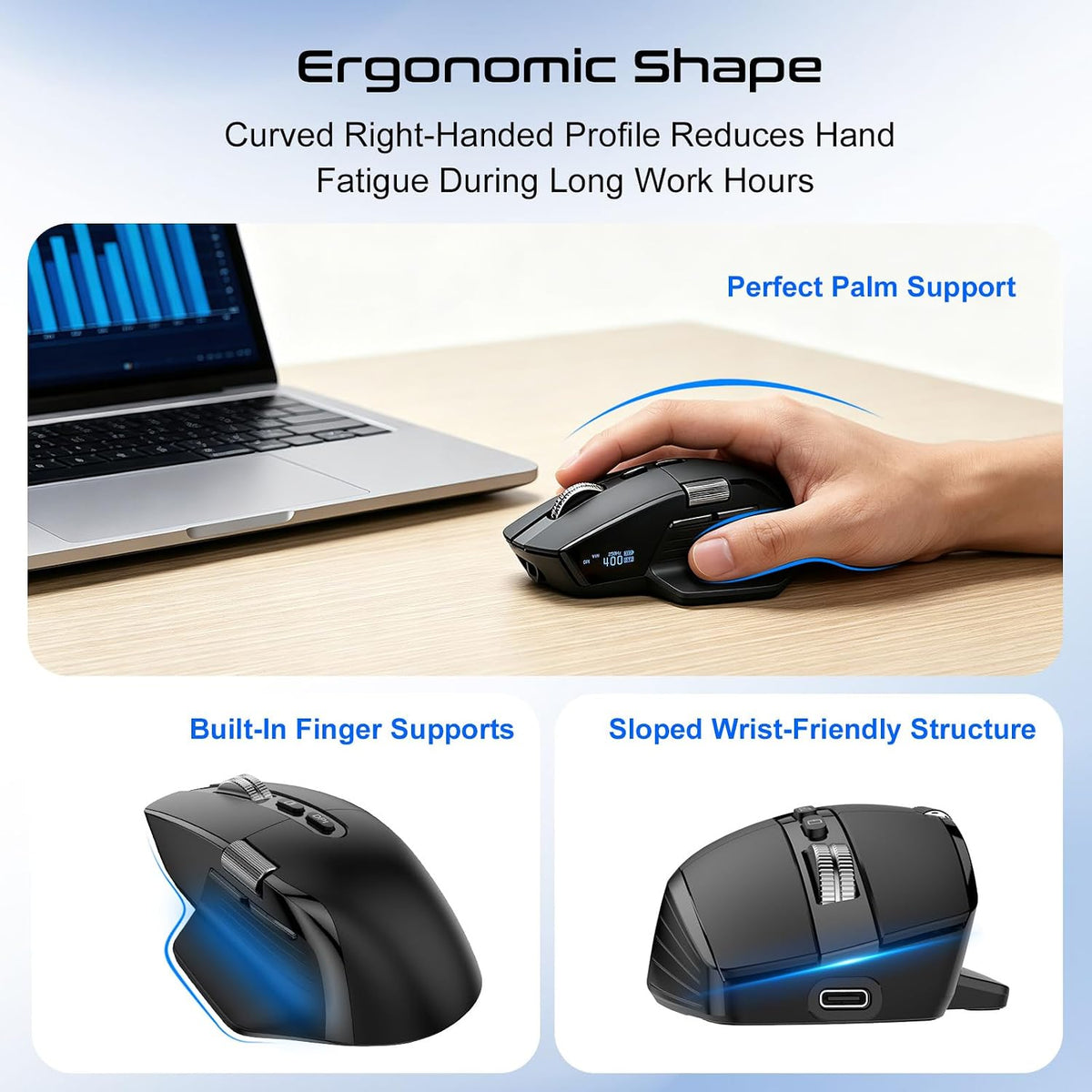 SIBEITU Wireless Bluetooth Mouse, 2.4 Ghz Ergonomic Mouse with OLED Display