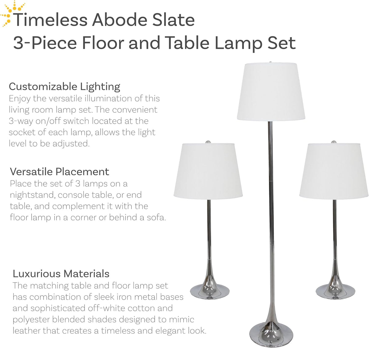 Sunnydaze Modern Splendor 3-Piece Floor and Table Lamp Set - Matching Indoor Metal Lamp Set of 3 - Plug-in Electric - Bulb Included