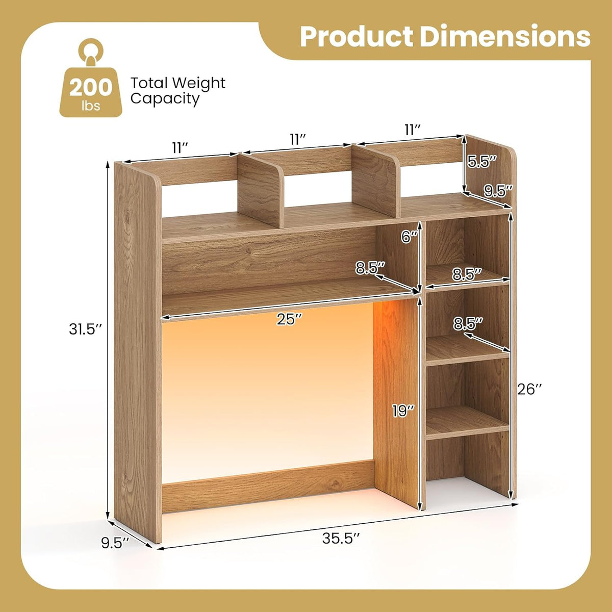Desktop Bookshelf, Wood Countertop Bookcase with Shelves, Desk Hutch for College Dorm, Multipurpose Desk Organizer Shelf Display Rack for Home Office, Hutch Top Only (Natural, 8 Shelf)