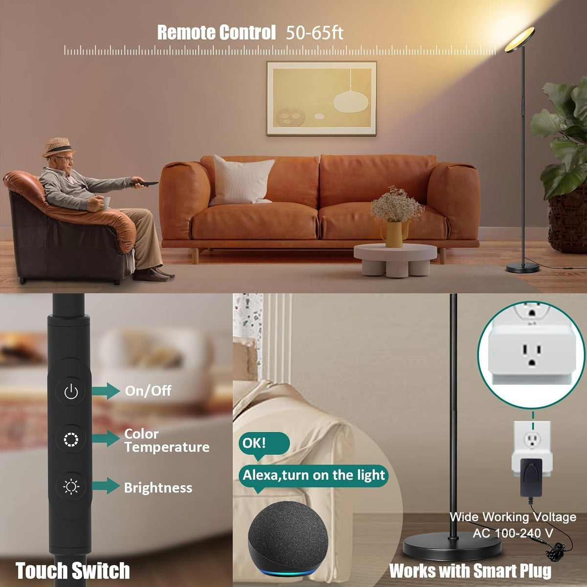 Floor Lamp, Upgraded 40W 4000LM Super Bright Torchiere LED Floor Lamps for Living Room, Stepless Dimmable Color Temperature 2700K-6500K with Remote & Touch Control, Standing Light for Bedroom Office