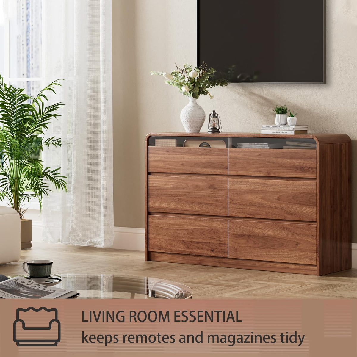 Ieejdn 47.2" Dresser with 6 Drawer, Wide Dresser with Recessed Glass Display & Silent Metal Rails, Handleless Chest of Drawers for Clothes, and Bedding, Russet