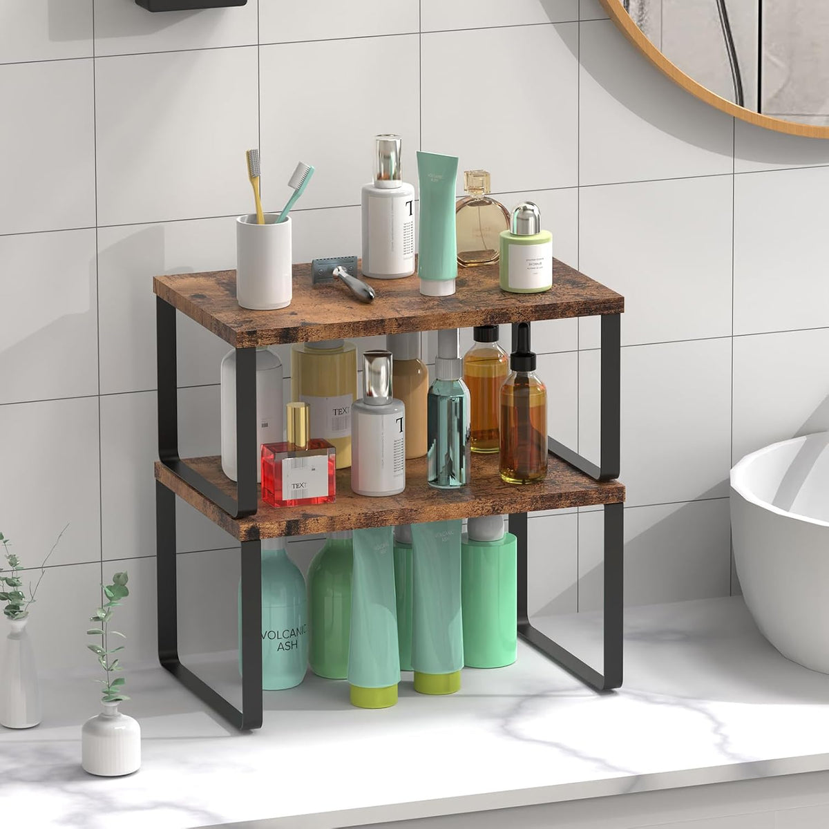 CADUKE Set of 4 Counter Shelves Kitchen Cabinet Shelf Organizer Brown