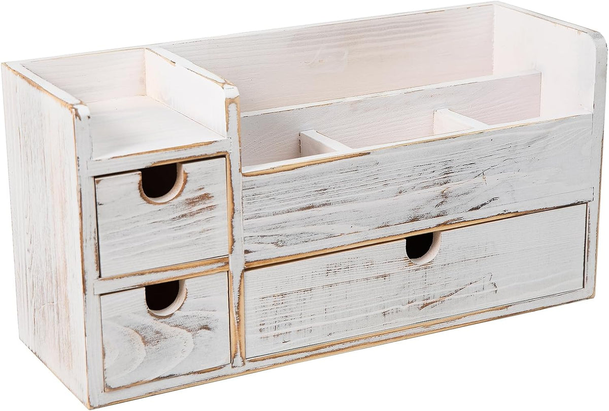 White Wooden Desktop Organizer 3 Removable Drawers Office Supplies Wood Storage Caddy Box Stationery Pencil Multiple Cabinet Slots Mail Holder Note Pads Accessories Home Makeup Tools Cosmetics