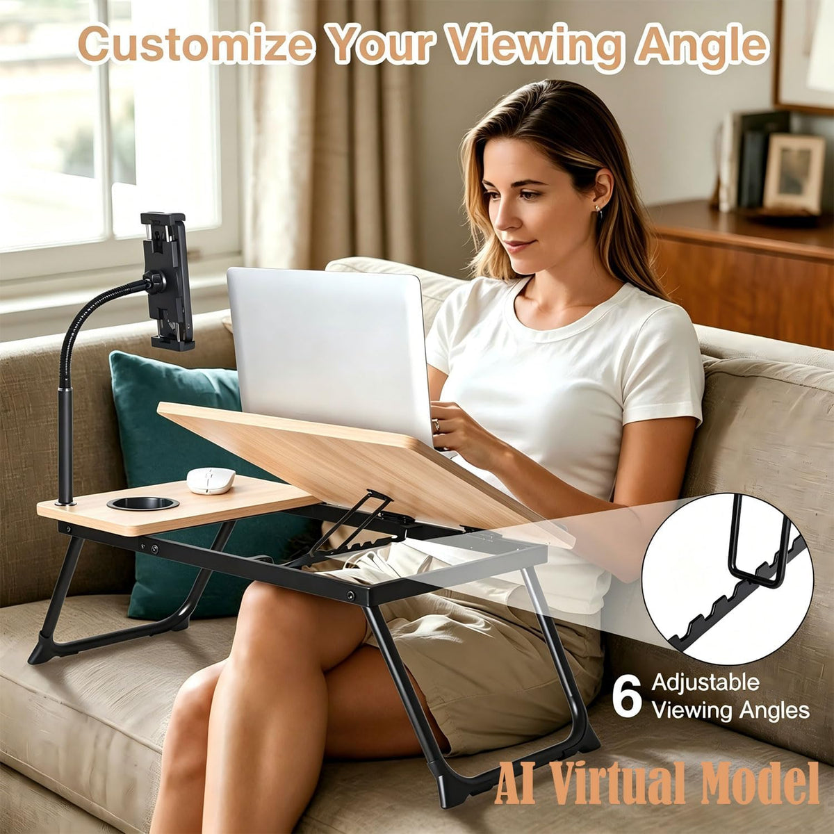 Foldable Lap Desk for Bed and Sofa, Portable Laptop Desk with Gooseneck Phone Stand, Cup Holder & Mouse Pad Extension, Extra Large Bed Desk Tray fits up to 17" Laptops (Natural)