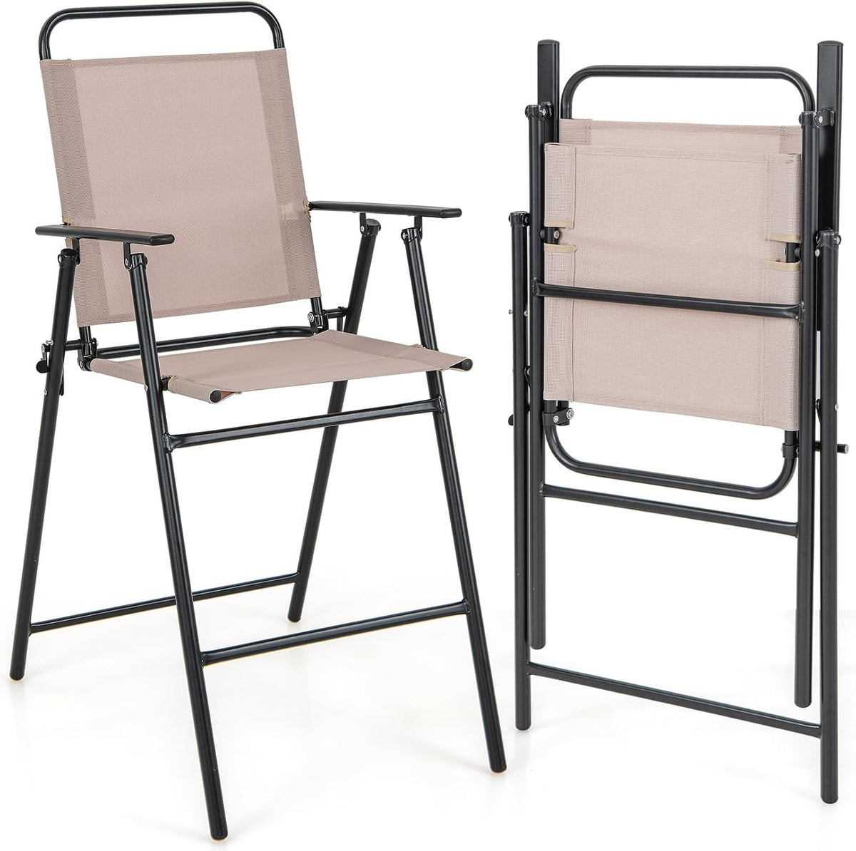 COSTWAY Outdoor Folding Bar Chairs Set of 2 with Armrest and High Back