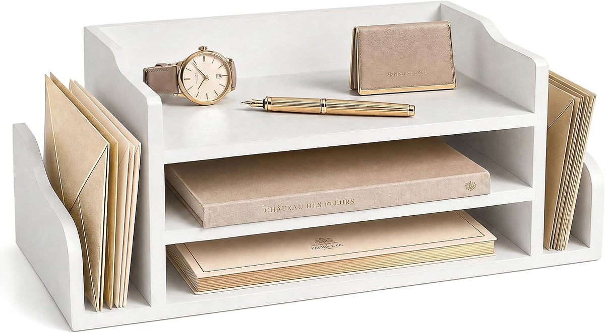 Wood Desk Organizer: File Organizer with 3-Tier Shelf for Office Desk,White