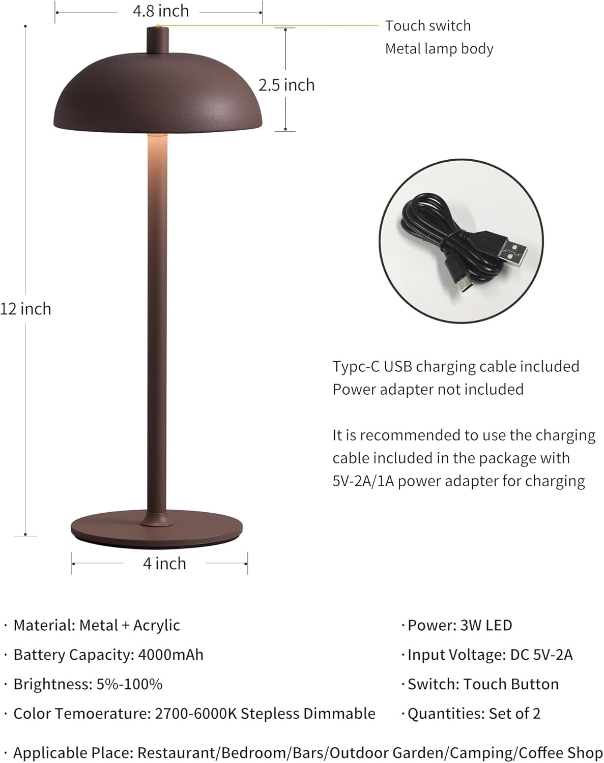 12" Cordless Table Lamps Set of 2, Brown Modern Portable Desk Lamp