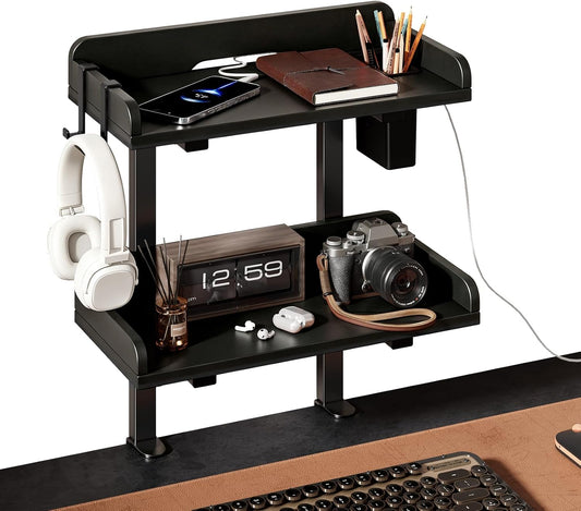 2-Tier Clamp on Wood Desktop Shelf, Adjustable Height Office Desk Organizer
