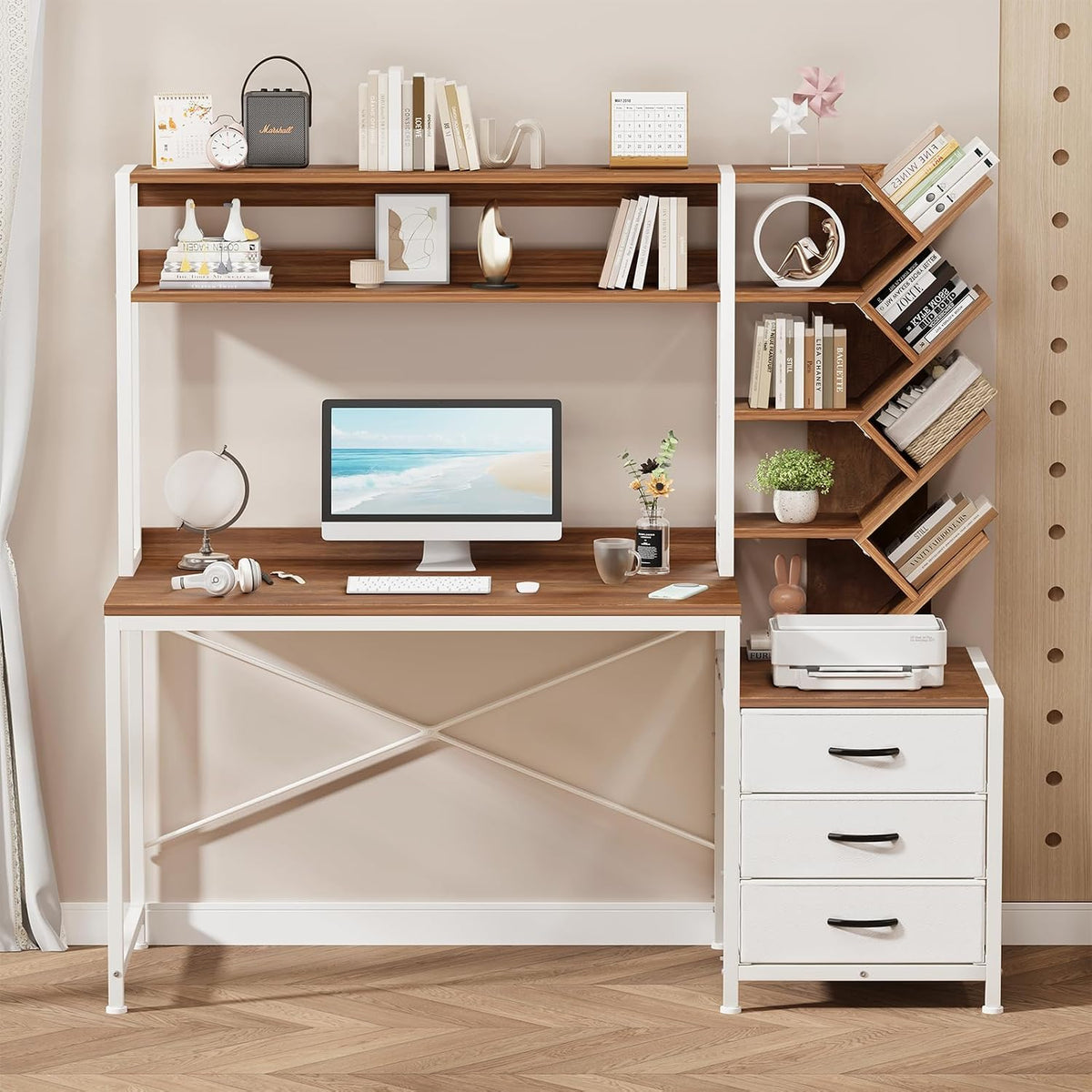 YOMILUVE 52" Computer Desk with Bookshelf, 3 Drawers ＆ Hutch for Bedroom