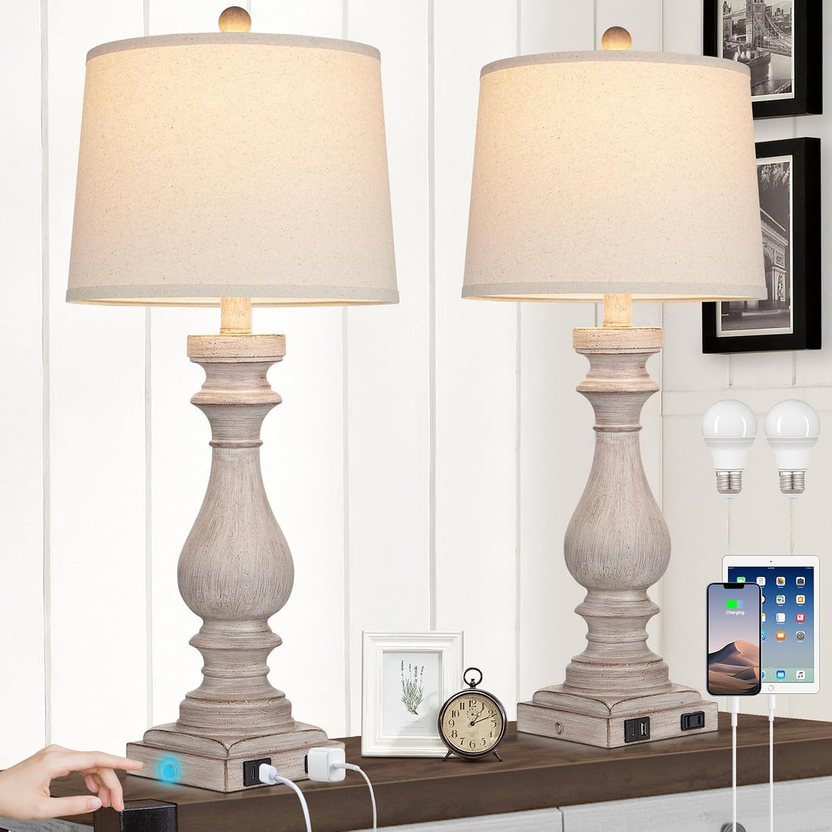 Cinkeda 29" Tall Table Lamp for Living Room Set of 2,Vintage Bedside Nightstand Lamps with USB C+A Ports & AC Outlet,3-Way Dimmable Touch Control Desk Lamp for Bedroom,Color 2