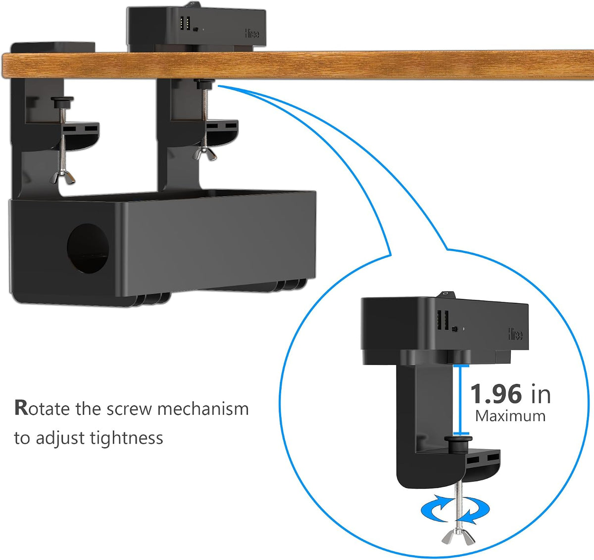 Hiree Under Desk Cable Management Tray with Power Strip, 8 AC Outlets, 2 USB Ports & 1 USB-C Port, Clamp Mount Desk Cable Organizer, No Drill Cord Management Tray for Standing Desk, Home Office（Black）