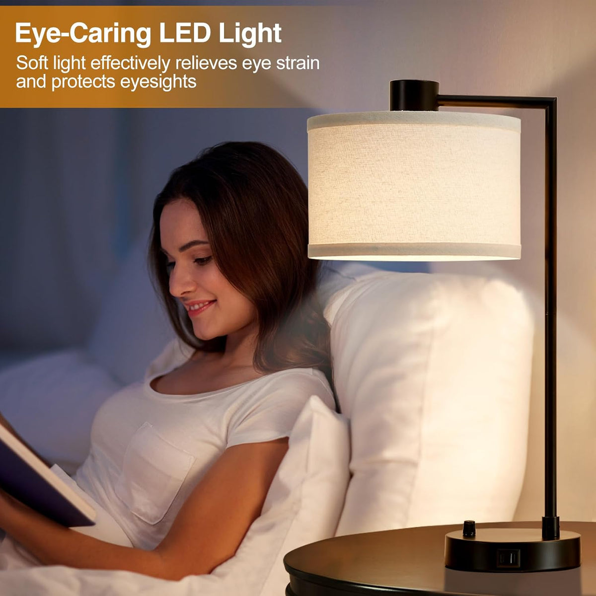 Luvkczc Table Lamp for Bedroom Set of 2 with USB C+A Ports, Fully Stepless Dimmable Bedside Lamp with Linen Lampshade, Contemporary Lamp for Living Room Reading Office, 2 LED Bulbs Included (Black)