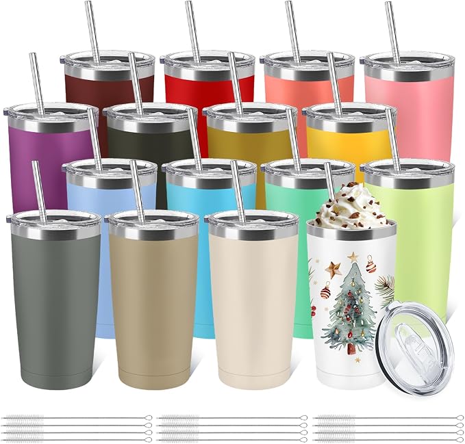 YOUKE OLA 16 Pack Stainless Steel Tumbler Bulk 20oz Insulated Vacuum Travel Mug