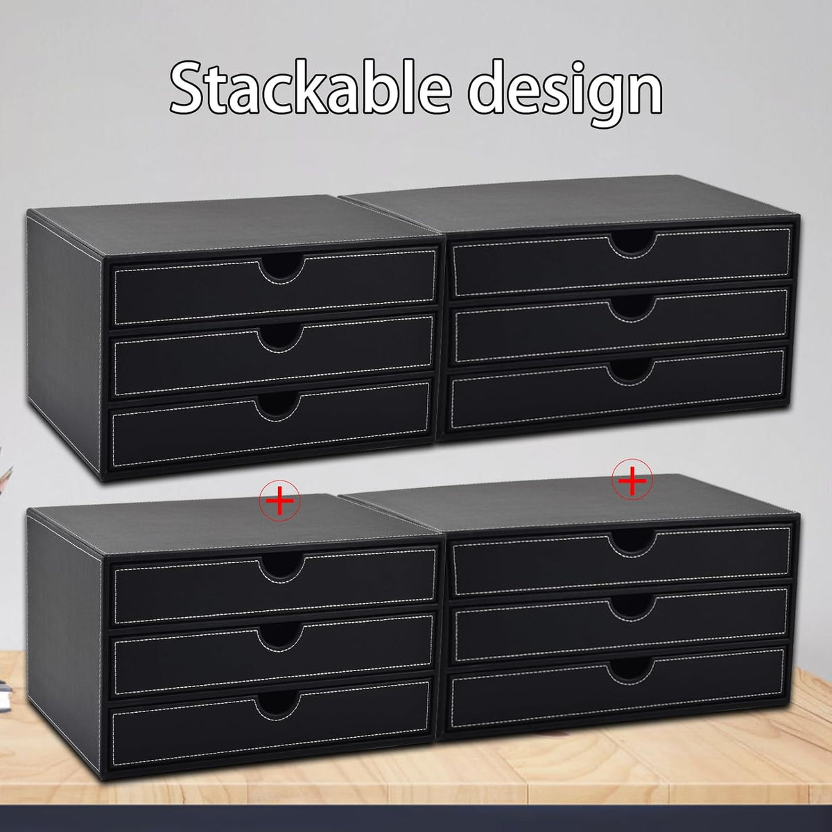 PU Leather Desk Organizer with 3 Drawers,Executive Office Supplies Desktop Filing A4 File Cabinet/Holder for Jewelry/Bill/Paper/Documents/Makeup Home Decor Stationery Storage Box,Black
