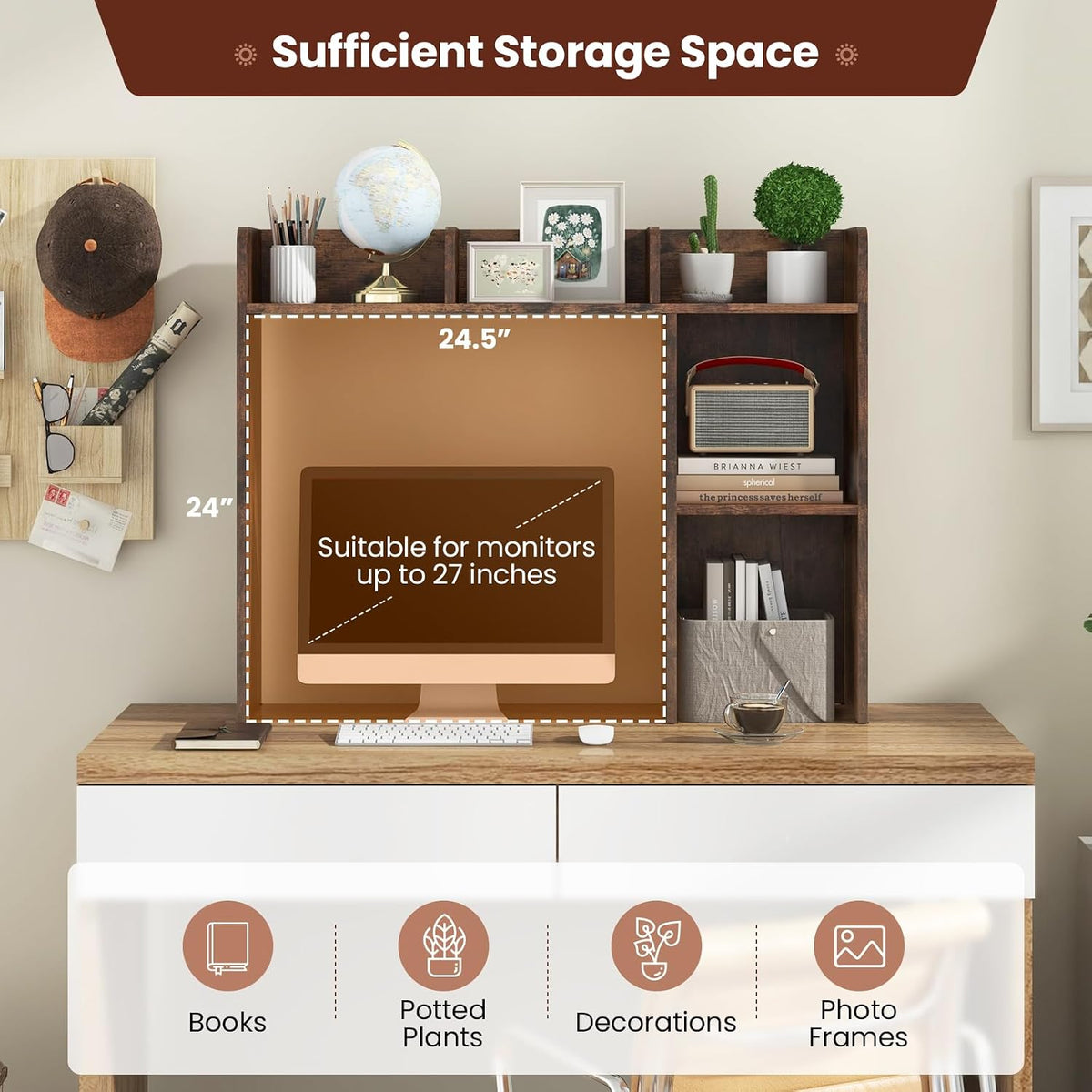 LDAILY Desktop Shelf, Multipurpose Wood Desk Hutch for Max 27" Computer Monitor, Countertop Storage Hutch with 5 Shelves, 3 Tier Desktop Display Rack for Dorm Office Home (Rustic Brown)