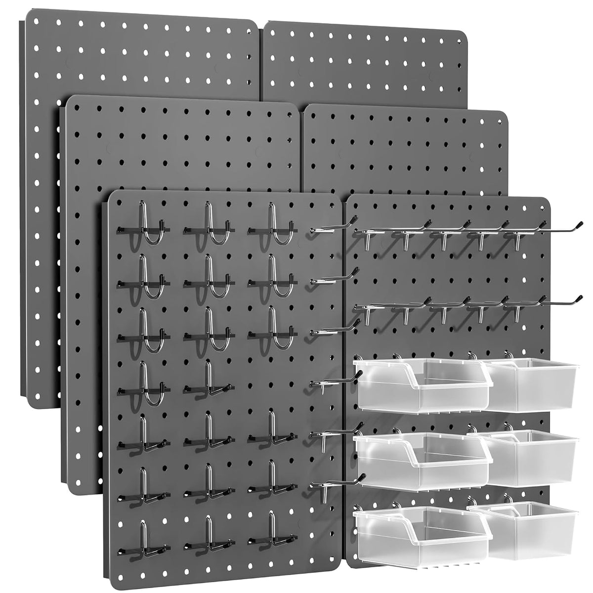 Pegboard Organizer Kit, 6 Pack 12 x 16 in Steel Metal with 6 Bins, Gray