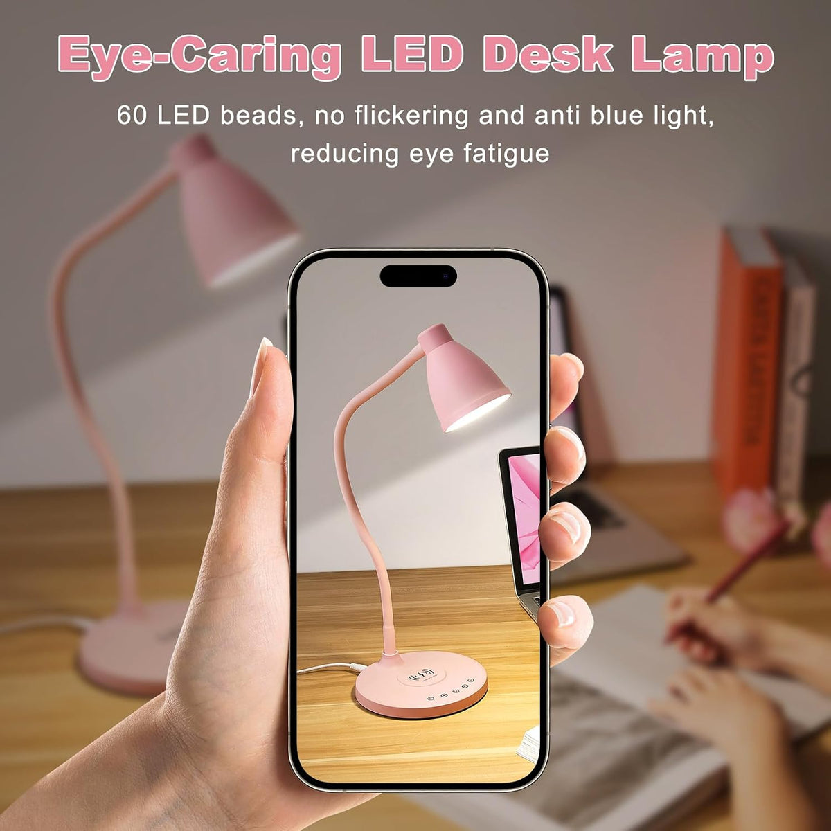 BOHON Cute Desk Lamp for Home Office with USB C+A Charging Port Timer Pink