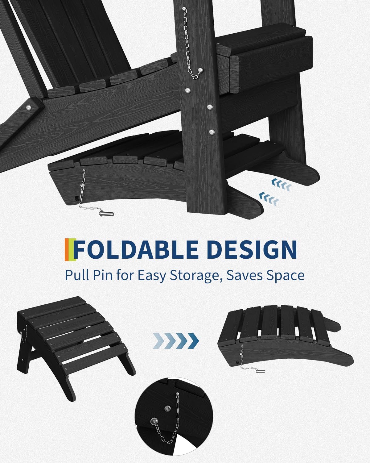 Garvee Folding Adirondack Ottoman, HDPE Footrest for Oudoor Chair, Black